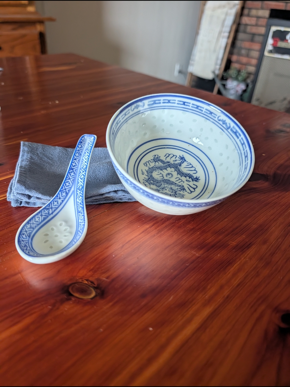 Blue and White  Ceramic Rice Bowl with Matching Spoon